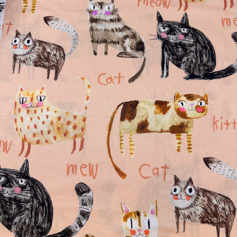 Illustrated Kitties Cats Cotton Fabric, Maison de Fabric, Imported from Japan, Peach Pink