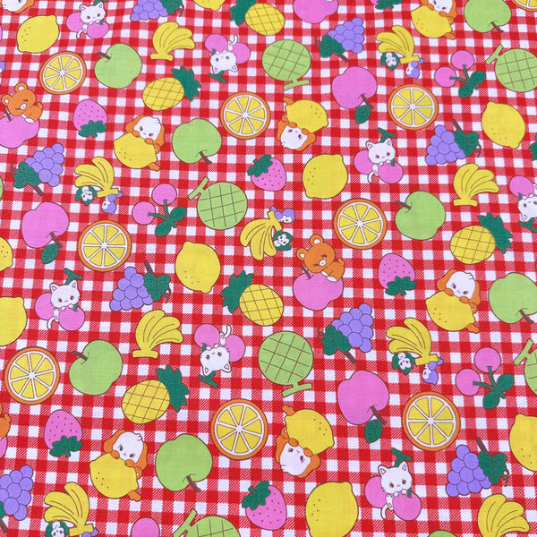 Kawaii Animals and Fruit on Red Gingham Cotton Fabric by Saori Oguchi, Imported from Japan