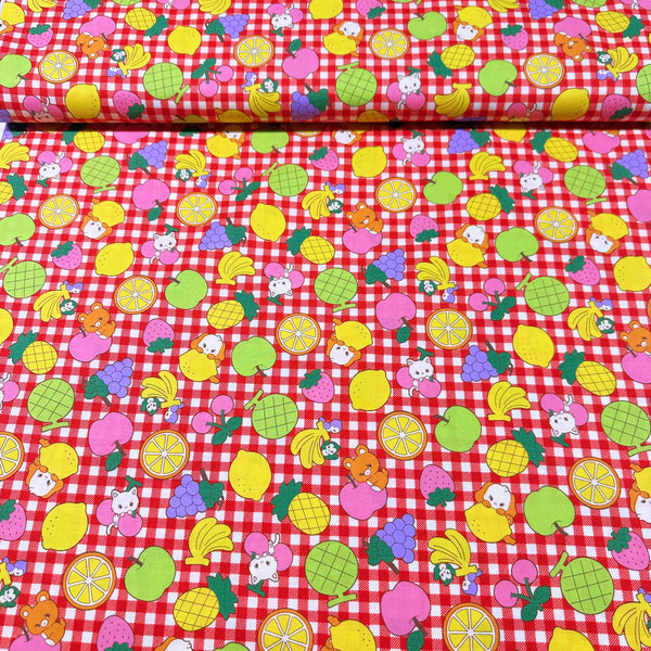 Kawaii Animals and Fruit on Red Gingham Cotton Fabric by Saori Oguchi, Imported from Japan