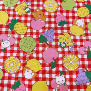 Kawaii Animals and Fruit on Red Gingham Cotton Fabric by Saori Oguchi, Imported from Japan