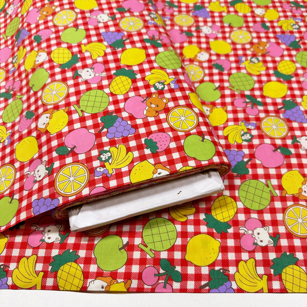 Kawaii Animals and Fruit on Red Gingham Cotton Fabric by Saori Oguchi, Imported from Japan