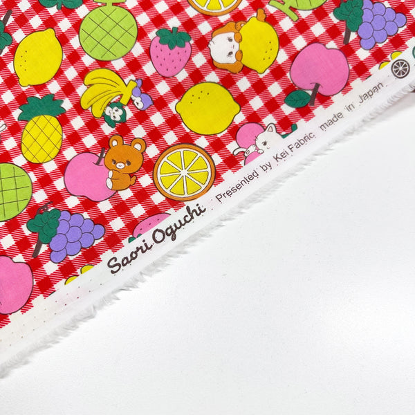 Kawaii Animals and Fruit on Red Gingham Cotton Fabric by Saori Oguchi, Imported from Japan