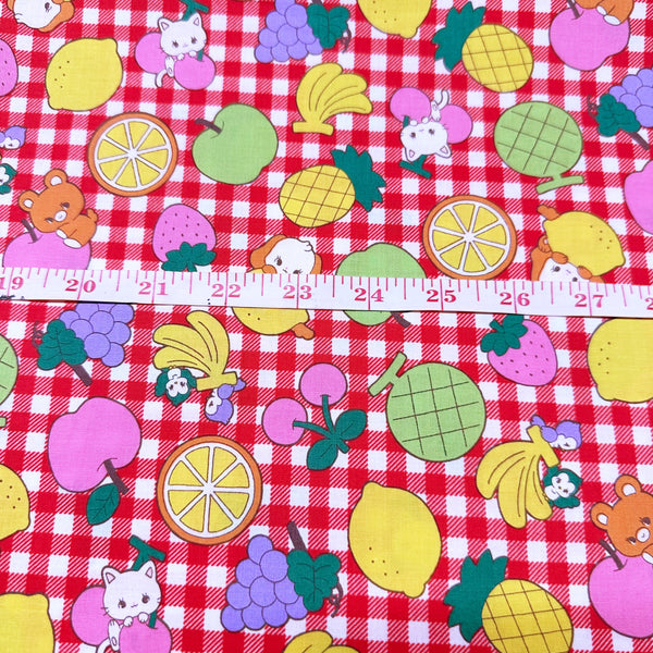 Kawaii Animals and Fruit on Red Gingham Cotton Fabric by Saori Oguchi, Imported from Japan