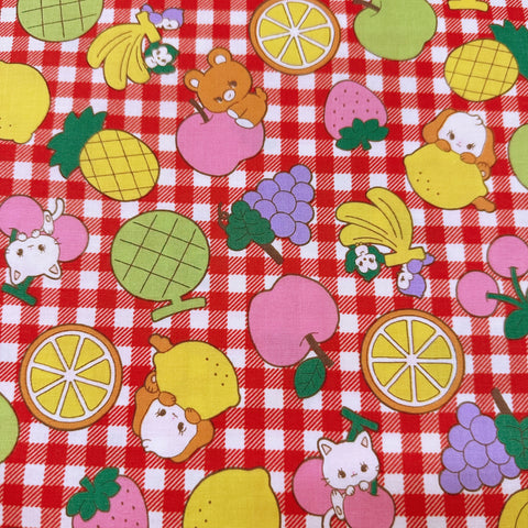 Kawaii Animals and Fruit on Red Gingham Cotton Fabric by Saori Oguchi, Imported from Japan