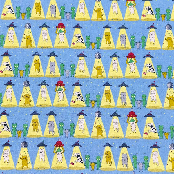 Kitty Cats Alien Abduction Canvas Fabric in Blue - Cotton Linen Blend by Cotton Kobayashi