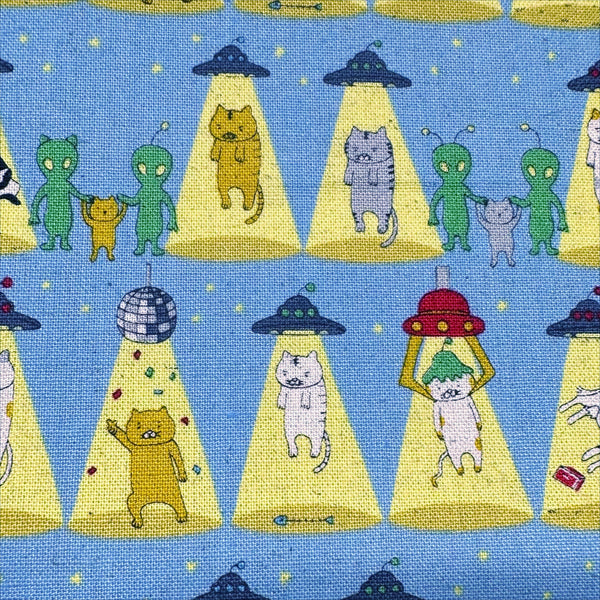 Kitty Cats Alien Abduction Canvas Fabric in Blue - Cotton Linen Blend by Cotton Kobayashi