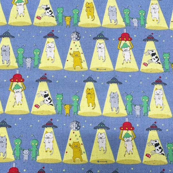 Kitty Cats Alien Abduction Canvas Fabric in Gray - Cotton Linen Blend by Cotton Kobayashi 