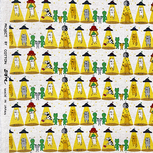 Alien Kitties Cotton Linen Canvas fabric in Natural by Cotton Kobayashi