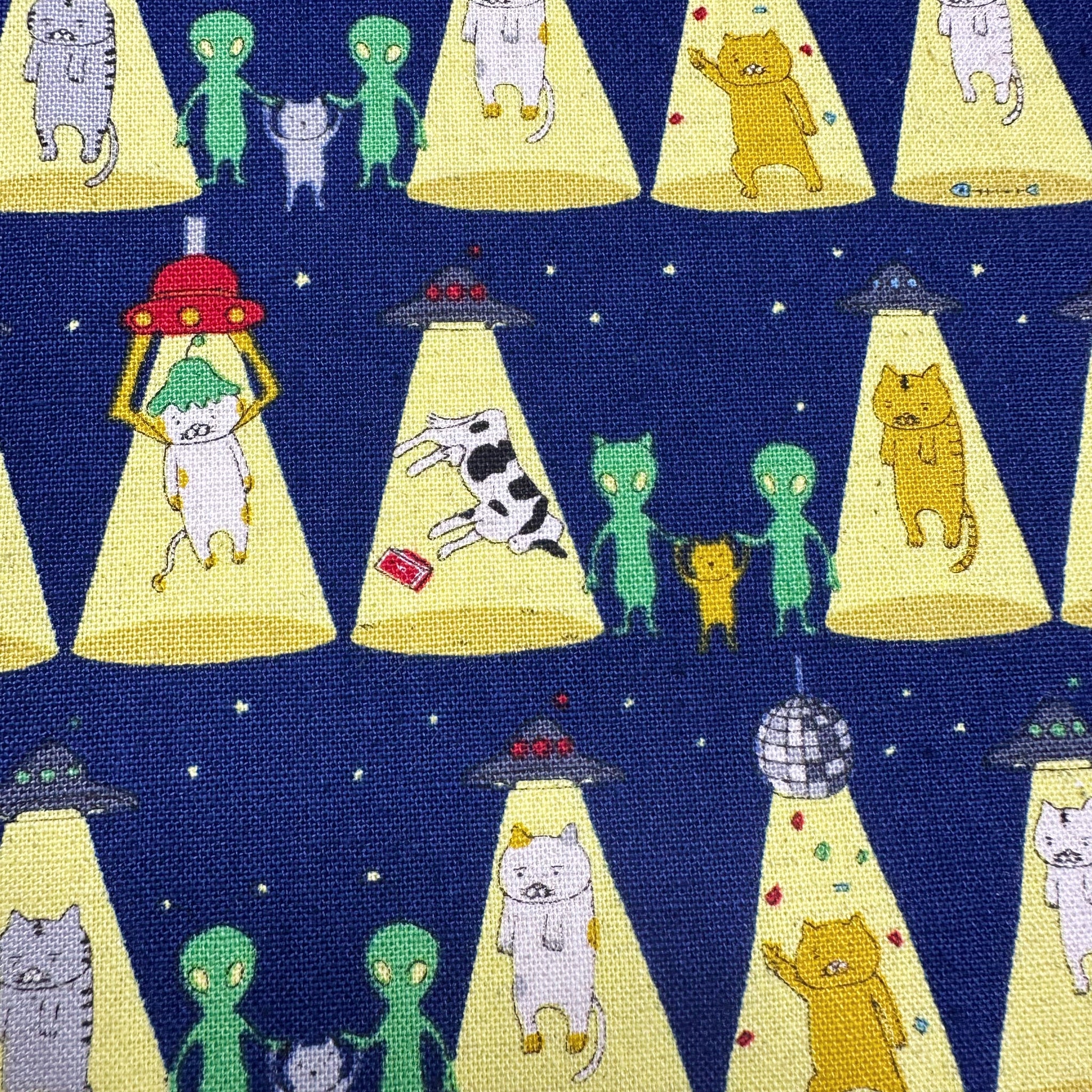 Kitty Cats Alien Abduction Canvas Fabric in Navy - Cotton Linen Blend by Cotton Kobayashi