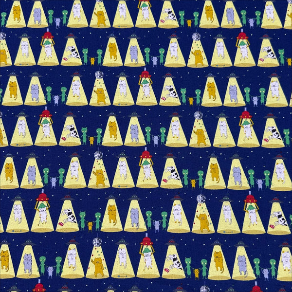Kitty Cats Alien Abduction Canvas Fabric in Navy - Cotton Linen Blend by Cotton Kobayashi