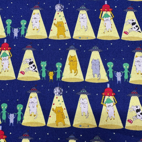 Kitty Cats Alien Abduction Canvas Fabric in Navy - Cotton Linen Blend by Cotton Kobayashi