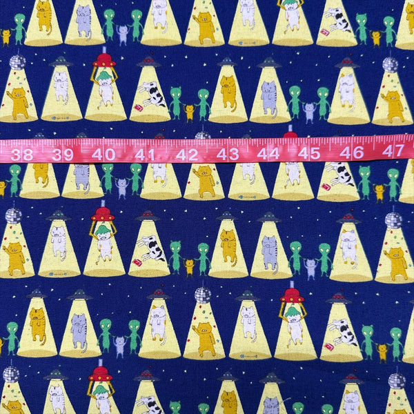 Kitty Cats Alien Abduction Canvas Fabric in Navy - Cotton Linen Blend by Cotton Kobayashi