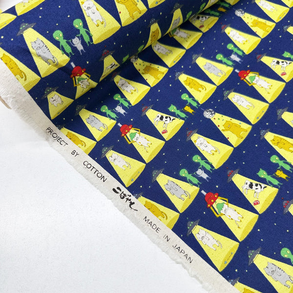 Kitty Cats Alien Abduction Canvas Fabric in Navy - Cotton Linen Blend by Cotton Kobayashi