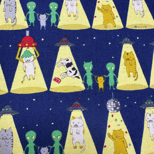 Kitty Cats Alien Abduction Canvas Fabric in Navy - Cotton Linen Blend by Cotton Kobayashi
