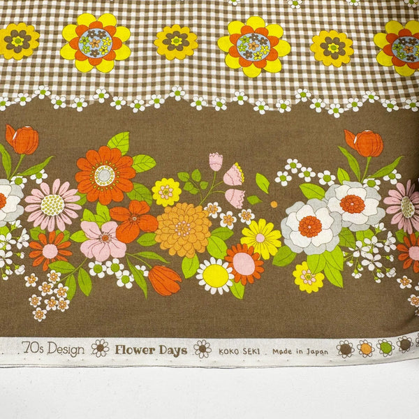 Koko Seki 70s Flower Days Brown Orange Stripe Floral Cotton fabric Japan
