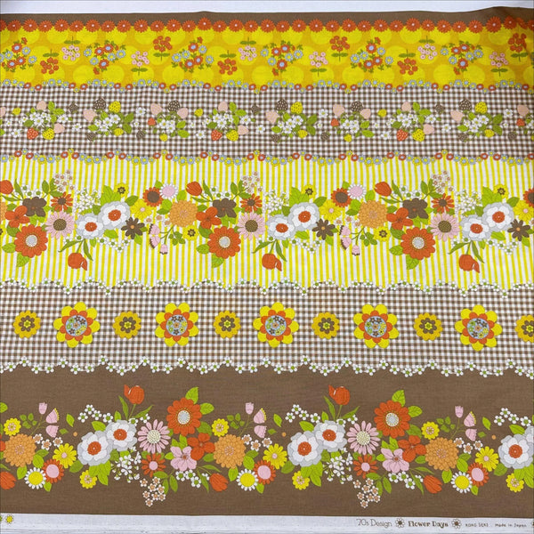 Koko Seki 70s Flower Days Brown Orange Stripe Floral Cotton fabric Japan