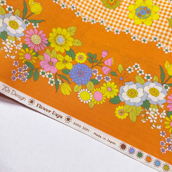 Koko Seki 70s Flower Days Orange Stripe Floral Cotton fabric Japan
