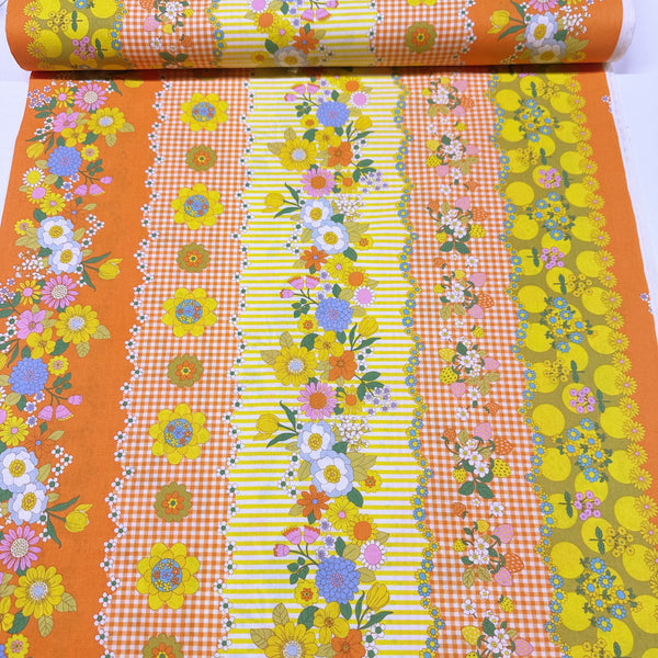 Koko Seki 70s Flower Days Orange Stripe Floral Cotton fabric Japan