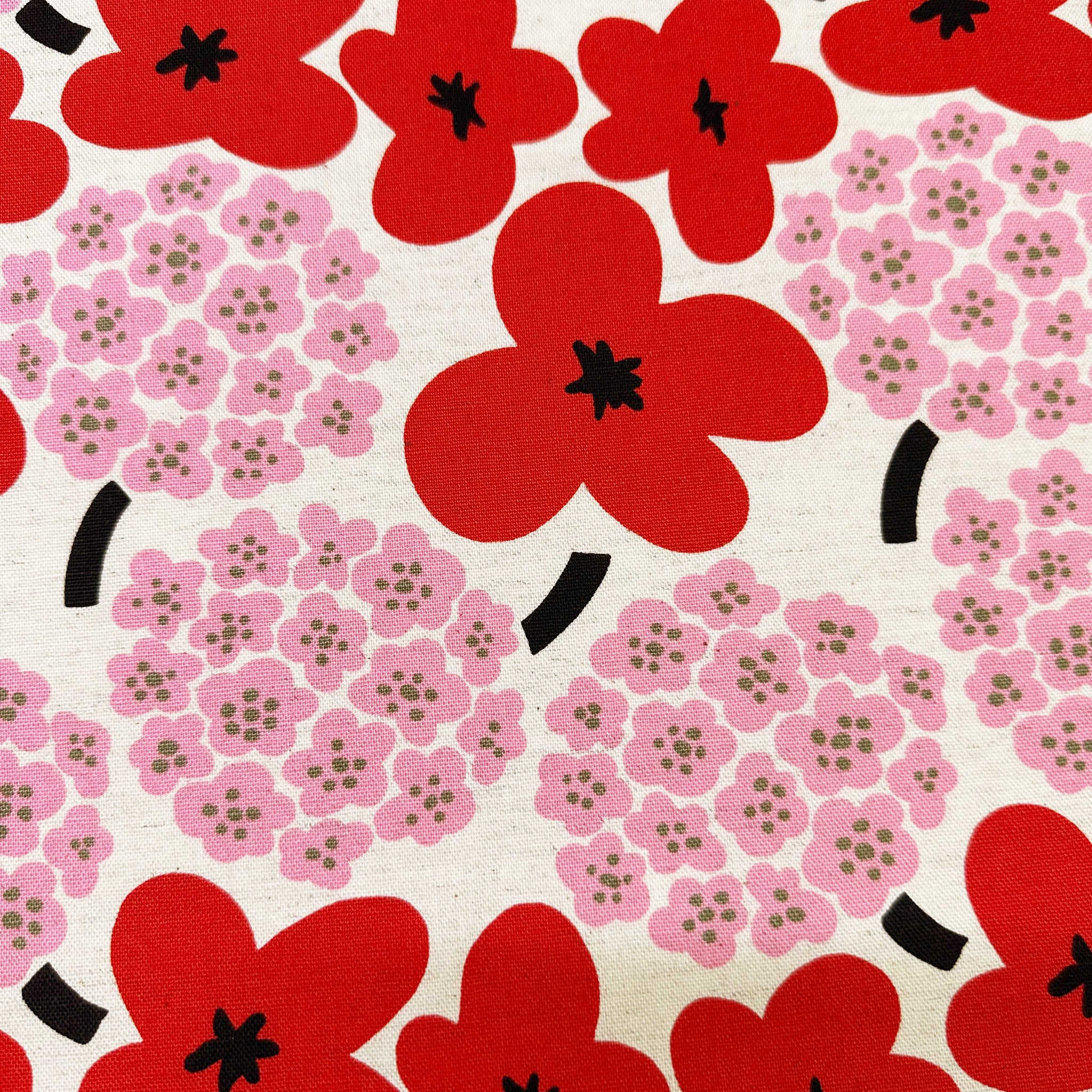 Large Red and Pink Flowers Canvas Fabric- Cotton Linen Blend by Cotton Kobayashi