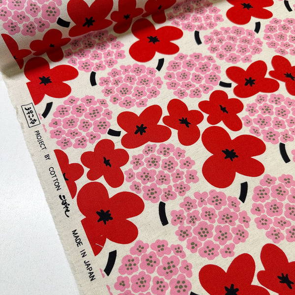 Large Red and Pink Flowers Canvas Fabric- Cotton Linen Blend by Cotton Kobayashi