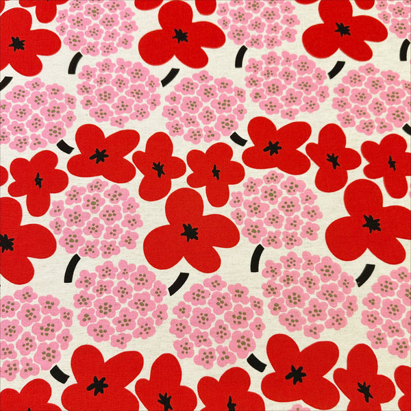 Large Red and Pink Flowers Canvas Fabric- Cotton Linen Blend by Cotton Kobayashi