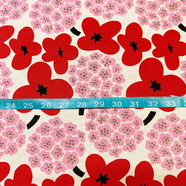 Large Red and Pink Flowers Canvas Fabric- Cotton Linen Blend by Cotton Kobayashi