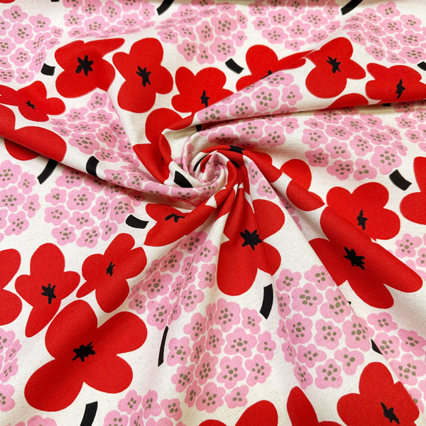 Large Red and Pink Flowers Canvas Fabric- Cotton Linen Blend by Cotton Kobayashi