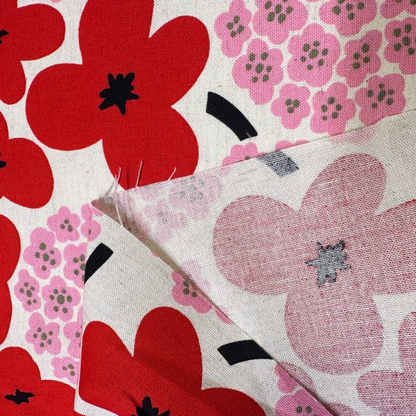 Large Red and Pink Flowers Canvas Fabric- Cotton Linen Blend by Cotton Kobayashi
