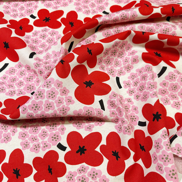 Large Red and Pink Flowers Canvas Fabric- Cotton Linen Blend by Cotton Kobayashi