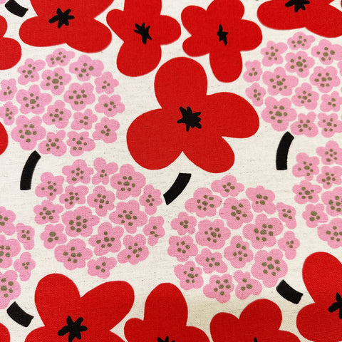 Large Red and Pink Flowers Canvas Fabric- Cotton Linen Blend by Cotton Kobayashi