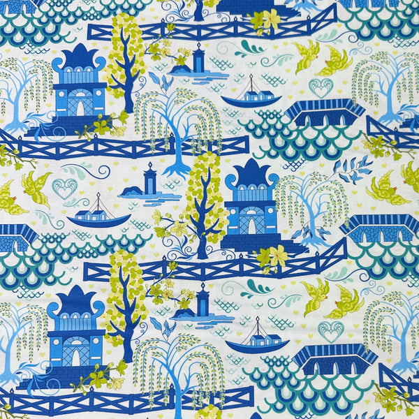 Legendary Love Pagoda Landscape in Aqua by Sariditty, 45050 14 Moda Fabrics