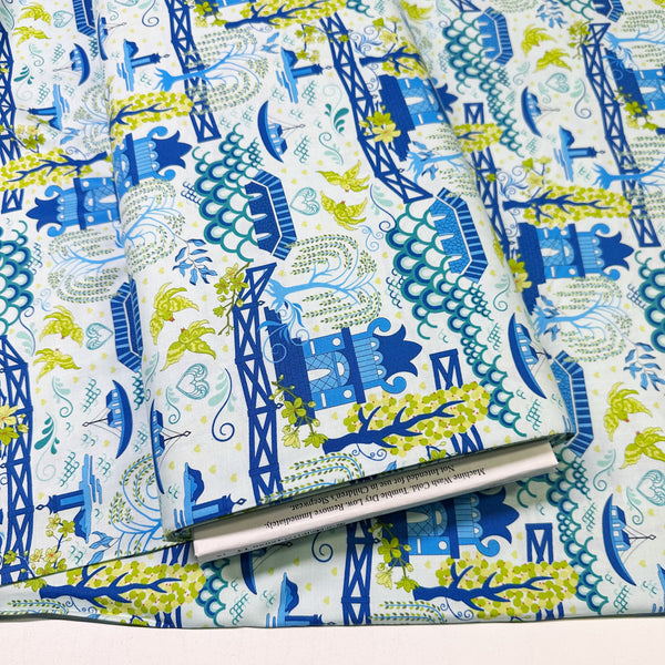 Legendary Love Pagoda Landscape in Aqua by Sariditty, 45050 14 Moda Fabrics