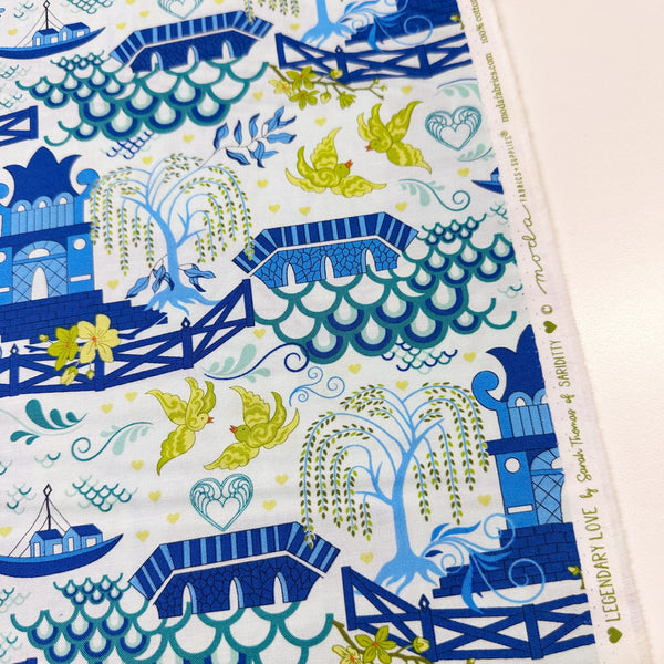 Legendary Love Pagoda Landscape in Aqua by Sariditty, 45050 14 Moda Fabrics