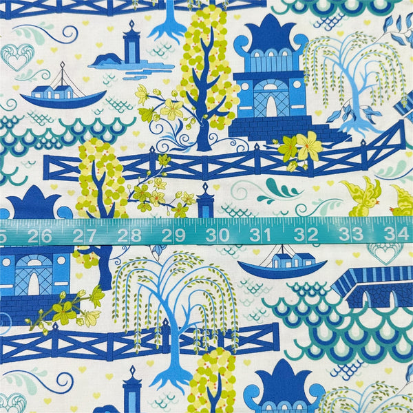 Legendary Love Pagoda Landscape in Aqua by Sariditty, 45050 14 Moda Fabrics