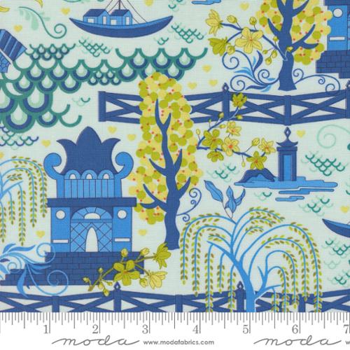 Legendary Love Pagoda Landscape in Aqua by Sariditty, 45050 14 Moda Fabrics