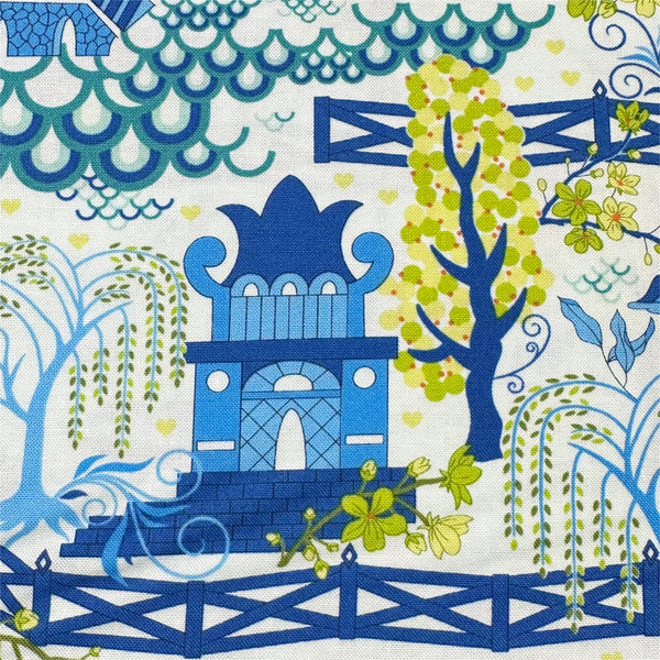 Legendary Love Pagoda Landscape in Aqua by Sariditty, 45050 14 Moda Fabrics