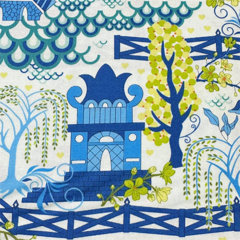 Legendary Love Pagoda Landscape in Aqua by Sariditty, 45050 14 Moda Fabrics