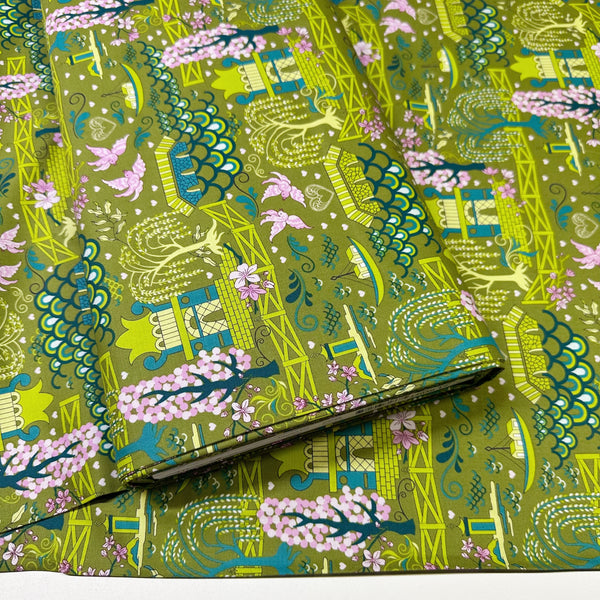 Legendary Love Pagoda Landscape in Avocado by Sariditty, 45050 17 Moda Fabrics