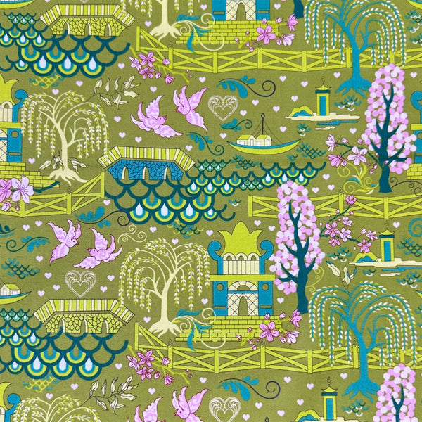Legendary Love Pagoda Landscape in Avocado by Sariditty, 45050 17 Moda Fabrics