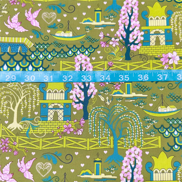 Legendary Love Pagoda Landscape in Avocado by Sariditty, 45050 17 Moda Fabrics