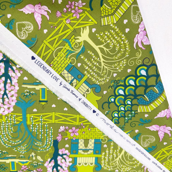Legendary Love Pagoda Landscape in Avocado by Sariditty, 45050 17 Moda Fabrics