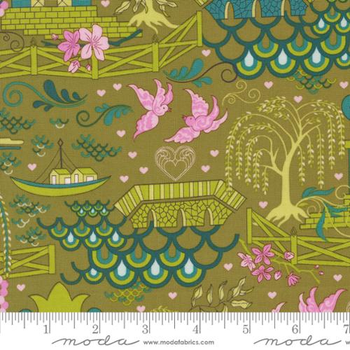 Legendary Love Pagoda Landscape in Avocado by Sariditty, 45050 17 Moda Fabrics