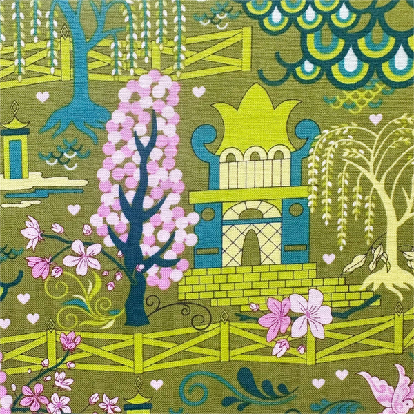 Legendary Love Pagoda Landscape in Avocado by Sariditty, 45050 17 Moda Fabrics