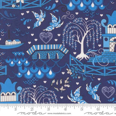 Legendary Love Pagoda Landscape in Navy by Sariditty, 45050 12 Moda Fabrics