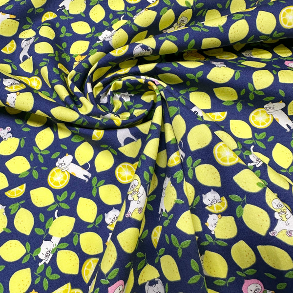Lemon Cats on Navy Broadcloth Cotton Fabric by Cotton Kobayashi