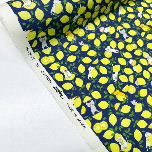 Lemon Cats on Navy Broadcloth Cotton Fabric by Cotton Kobayashi