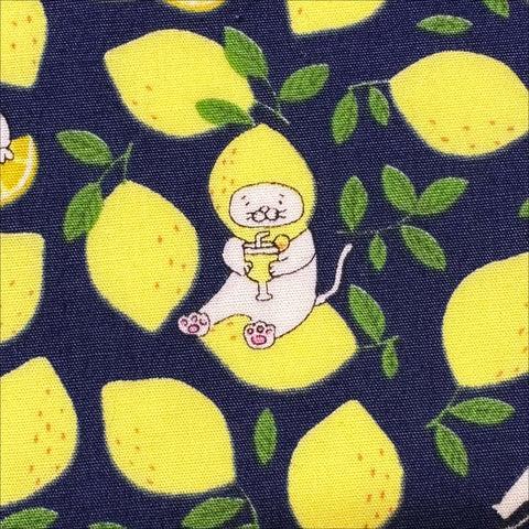 Lemon Cats on Navy Broadcloth Cotton Fabric by Cotton Kobayashi