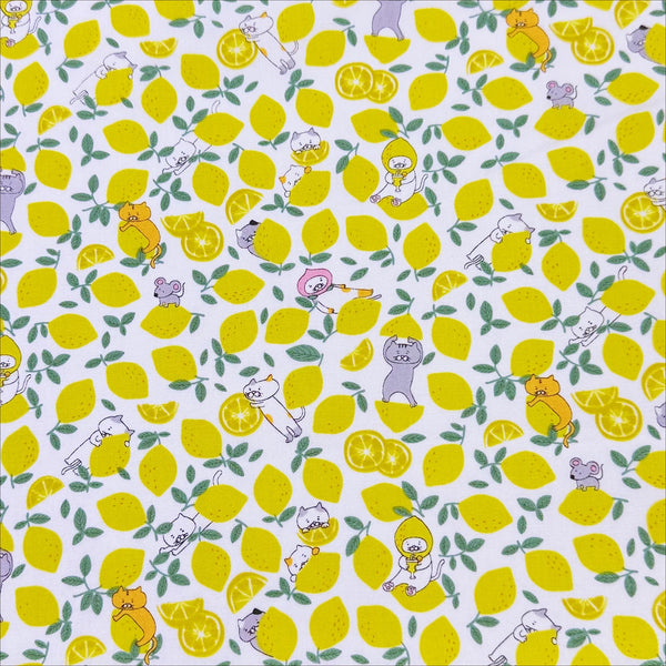 Lemon Cats on White Broadcloth Cotton Fabric by Cotton Kobayashi