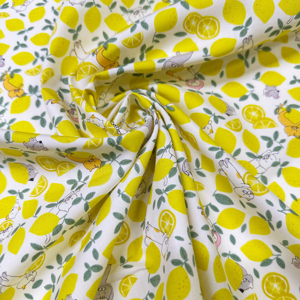 Lemon Cats on White Broadcloth Cotton Fabric by Cotton Kobayashi