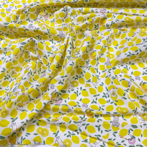 Lemon Cats on White Broadcloth Cotton Fabric by Cotton Kobayashi